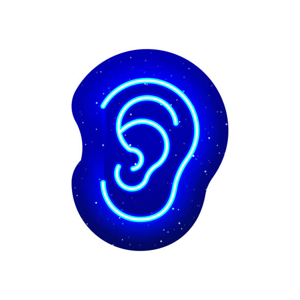 istock Neon blue ear line sign. Midnight blue. Ear design with neon. Realistic neon icon. 1353038517