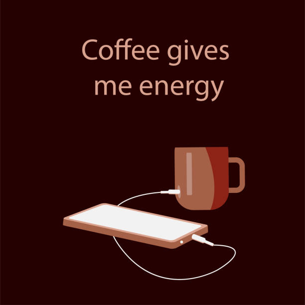 istock The inscription coffee gives me energy, vector illustration, mobile phone is charged from a cup of coffee. Non-standard solution for advertising. 1353045135