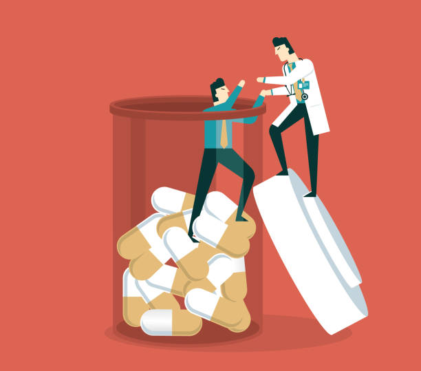 Addiction treatment - Businessman Person being helped from a pill bottle by a healthcare provider - addiction treatment concept health crisis stock illustrations