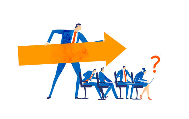 istock Businessman with big arrow shows the way to go. Making decisions, responsibility, control, advisory and support idea. 1353047918