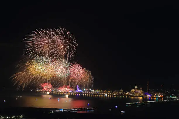 Beautiful fireworks at Tamsui Fisherman`s Wharf, in the north of Taiwan, New Taipei City, Taiwn