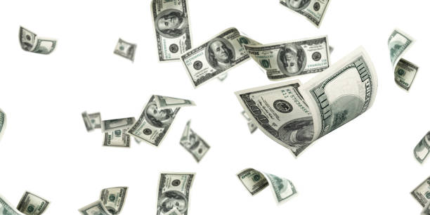 istock Money stack. Hundred dollars of America. Falling money isolated, us bill white background. 1353049799