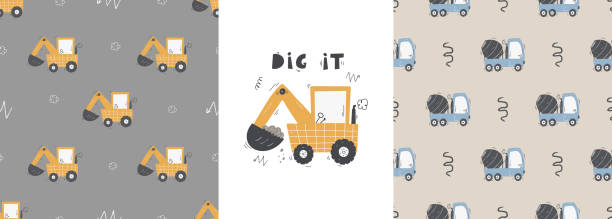 Cute children's seamless pattern with trucks and diggers in Scandinavian style on a white background. Building equipment. Funny construction transport Cute children's seamless pattern with trucks and diggers in Scandinavian style on a white background. Building equipment. Funny construction transport Digital paper metal architecture abstract backgrounds stock illustrations