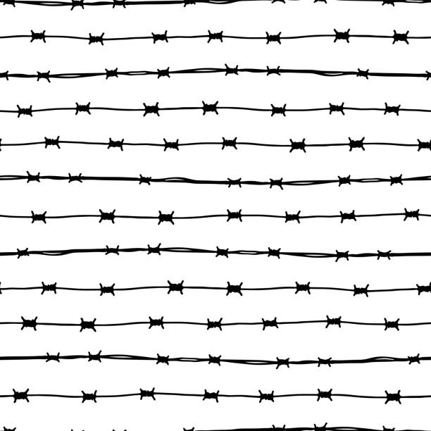ilustrações de stock, clip art, desenhos animados e ícones de black thin ink barbed wire isolated on white background. monochrome striped seamless pattern. horizontal view. vector simple flat graphic hand drawn illustration. texture. - barbed wire wire chain vector