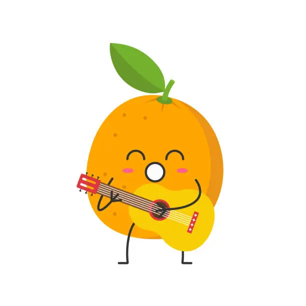 Vector illustration of Orange cute character cartoon plays the guitar sings funny fruit face happy joy emotions icon vector illustration.