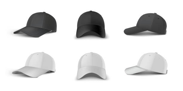 czarno-biała czapka z daszkiem po stronie 3/4 perspektywy, z boku, z przodu realistyczny zestaw szablonów wektorowych. - baseball cap hat merchandise nature stock illustrations