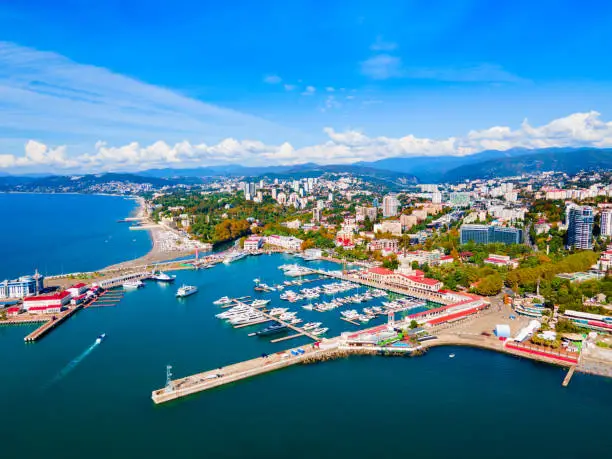 Sochi port and beach aerial panoramic view in Sochi. Sochi is the resort city along the Black Sea in Russia.