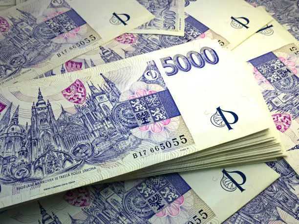 Money of Czech Republic. Czech koruna bills. CZK banknotes. 5000 Kc. Business, finance, news background.