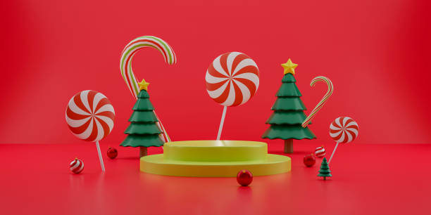 istock 3D Render Christmas Product display stage for presentation. Xmas tree and candy canes with stage on red background 1353059262