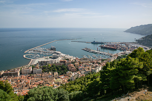 View of the city of Salerno and its port from above-Italy
