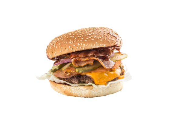 istock fresh cheeseburger with bacon and pickles isolated on white background 1353060718