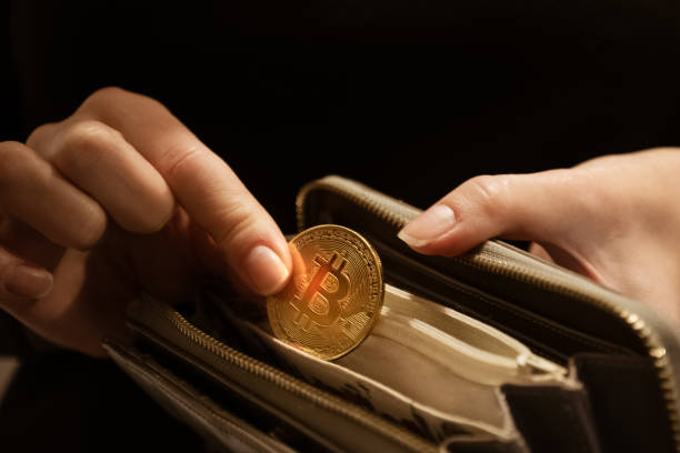 woman puts gold bitcoin coin in her purse, close up hands shot - ações de bolsa imagens e fotografias de stock