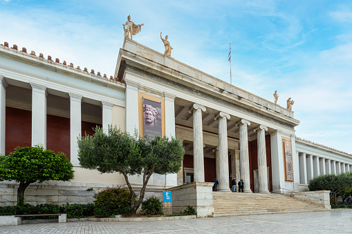 Athens, Greece. November 2021. exterior view of the Neoclassical Museum of Art and Archeology of Ancient Greece in the center