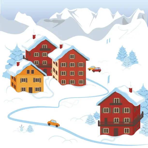 Vector illustration of Congratulatory Christmas card. Snow-covered village against the backdrop of mountains. Bright houses, a road with a car, a snowman, Christmas trees. Winter. Alpine mountain residence.