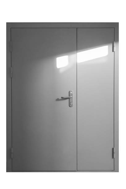 istock Grey metal door with polymer coating and shiny chrome handle. Isolated on white background 1353065360