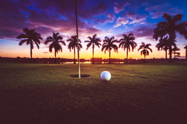 bola de golfe ao lado do buraco e pôr do sol deslumbrante com palmeiras em silhueta golfe no paraíso - golf course fotos - fotografias e filmes do acervo