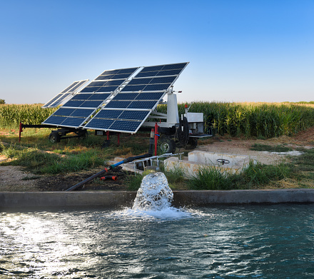 Orellana Irrigation canal in winter. Regulation dam of Vegas Altas del Guadiana, Extremadura, Spain