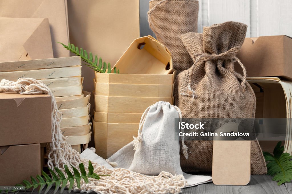 Various Eco friendly packaging made from natural recyclable materials. Environmental protection and waste reduction concept Various Eco friendly packaging made from natural recyclable materials. Environmental protection and waste reduction concept. Packaging Stock Photo