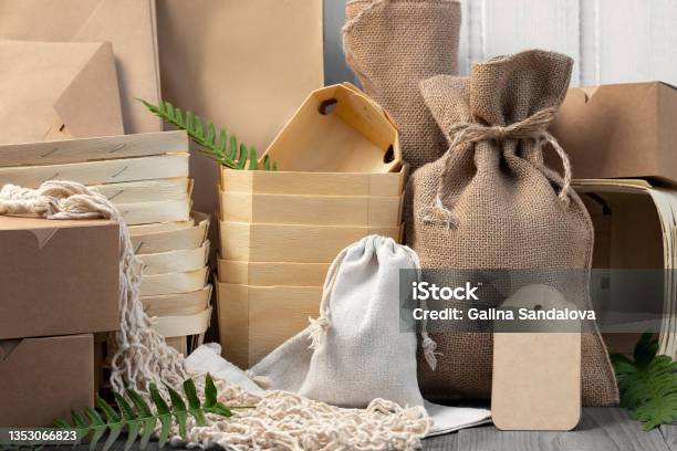 Various Eco Friendly Packaging Made From Natural Recyclable Materials Environmental Protection And Waste Reduction Concept Stock Photo - Download Image Now