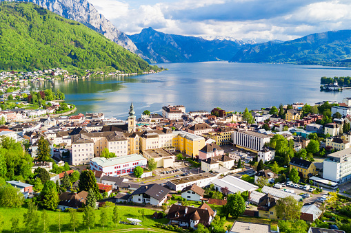 Gmunden town lakeside and Traunsee lake aerial panoramic view, Austria. Gmunden is a town in Salzkammergut region in Upper Austria.