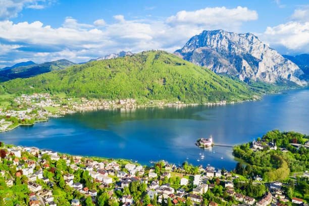 istock Gmunden castle aerial view 1353068051