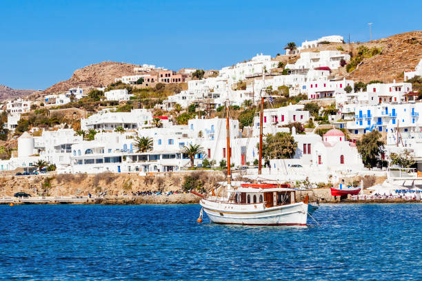 istock Mykonos city harbour, Greece 1353068103