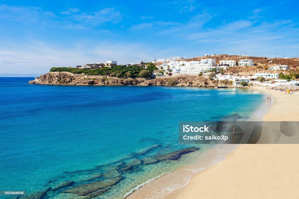 Mykonos island beach, Greece Agios Stefanos Beach on the Mykonos island, Cyclades in Greece. Mykonos Stock Photo