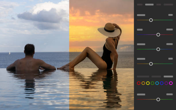 photo editing, color correction. before and after example of image retouching process stock photo