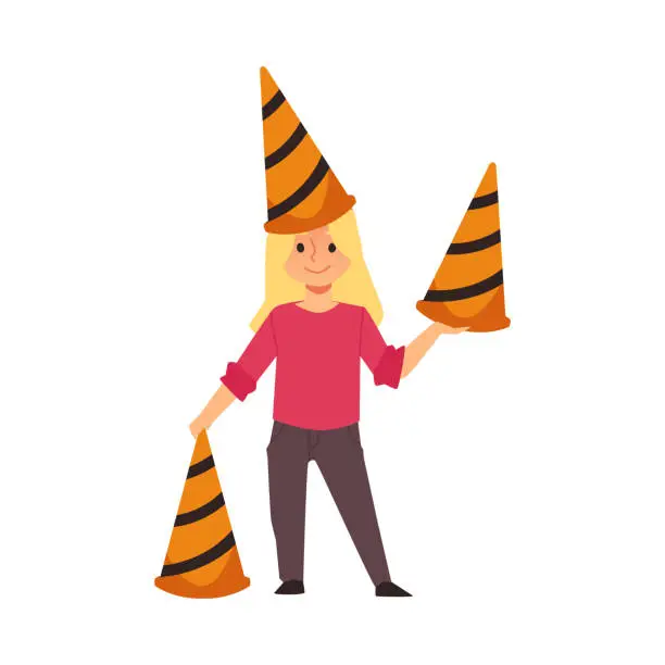 Vector illustration of Cute girl with traffic cone on head, flat vector illustration isolated on white background.