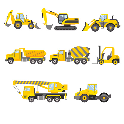 Set of construction machinery. Special machines for construction work. Excavator, Wheel loader, Dump truck, Concrete mixer, Forklift truck, Truck crane, Road roller. Vector illustration.
