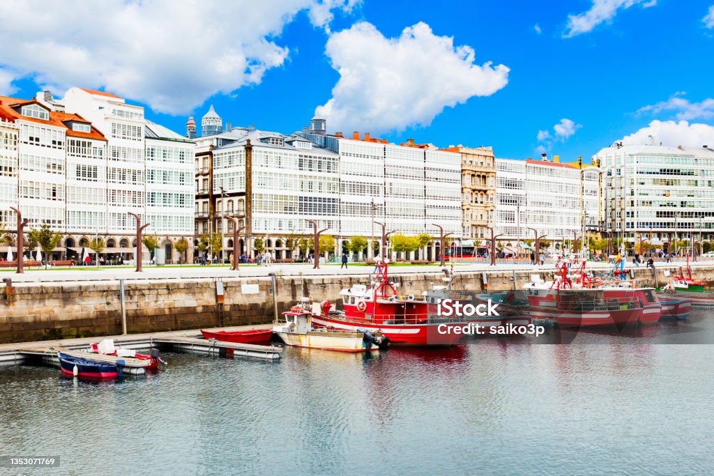 Yachts at A Coruna port, Spain Yachts and boats at the A Coruna city port in Galicia, Spain Galicia Stock Photo