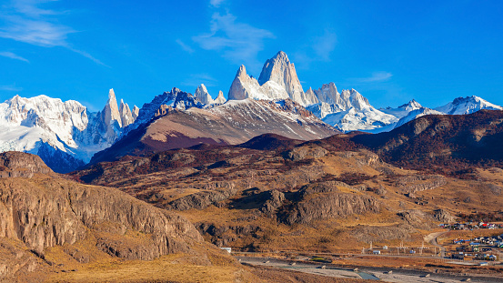Fitz Roy mountain aerial view. Fitz Roy is a mountain located near El Chalten village in the Southern Patagonia on the border between Chile and Argentina.
