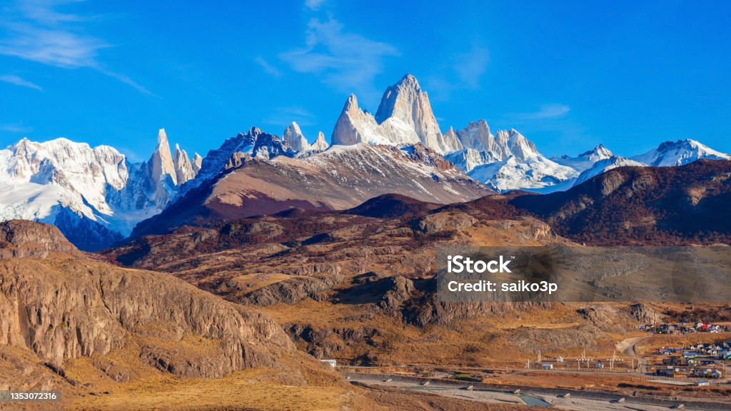 Fitz Roy mountain, Patagonia Fitz Roy mountain aerial view. Fitz Roy is a mountain located near El Chalten village in the Southern Patagonia on the border between Chile and Argentina. Chalten Stock Photo
