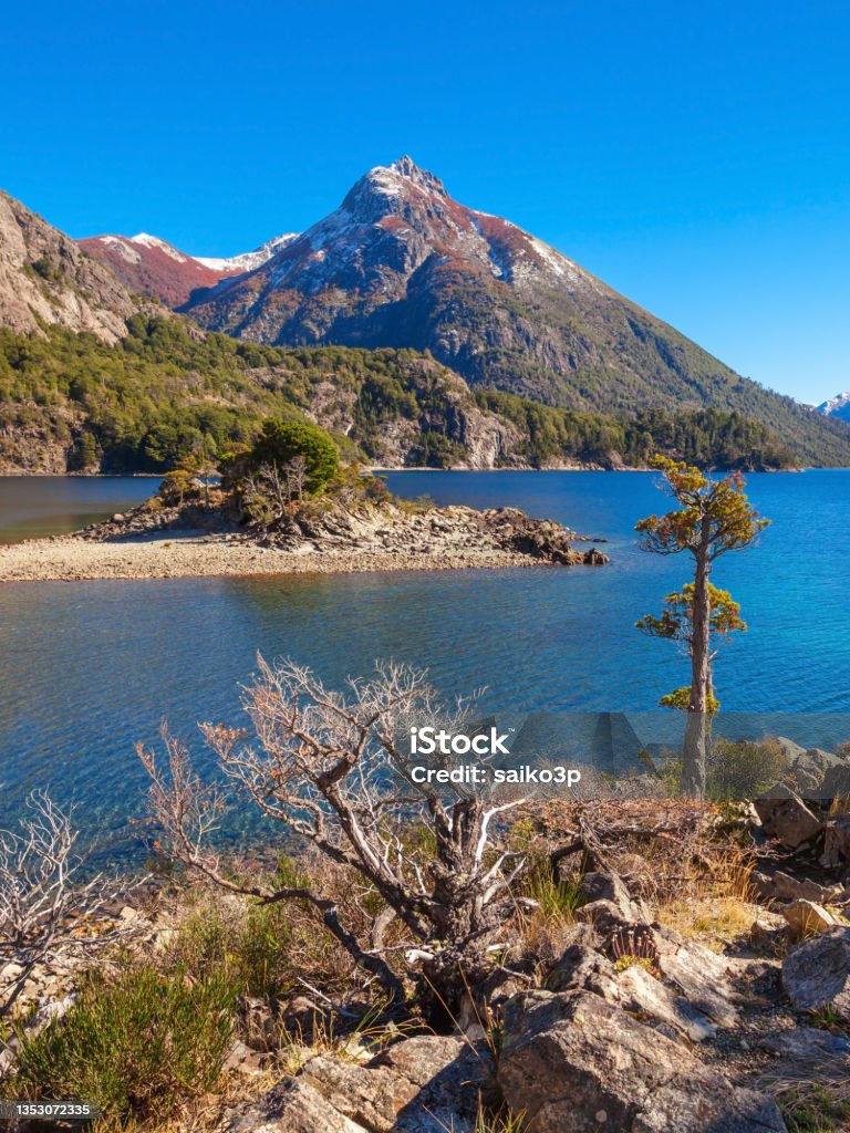 Bariloche landscape in Argentina Beauty lake and mountains landscape in Nahuel Huapi National Park, located near Bariloche, Patagonia region in Argentina. Bariloche Stock Photo