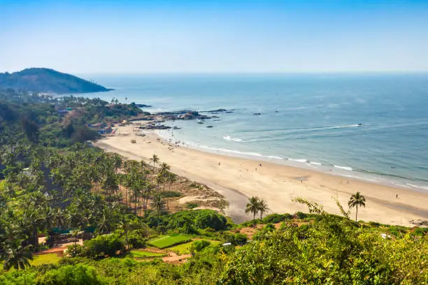 Vagator or Ozran beach aerial panoramic view in north Goa, India