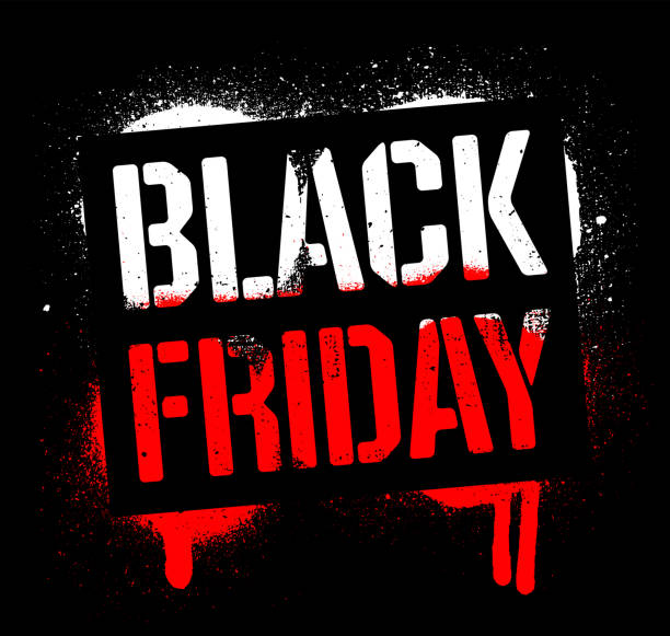 istock Stencil Black Friday Sale inscription. Christmas sell-out. White and red graffiti print on dark background. Vector design street art 1353072622