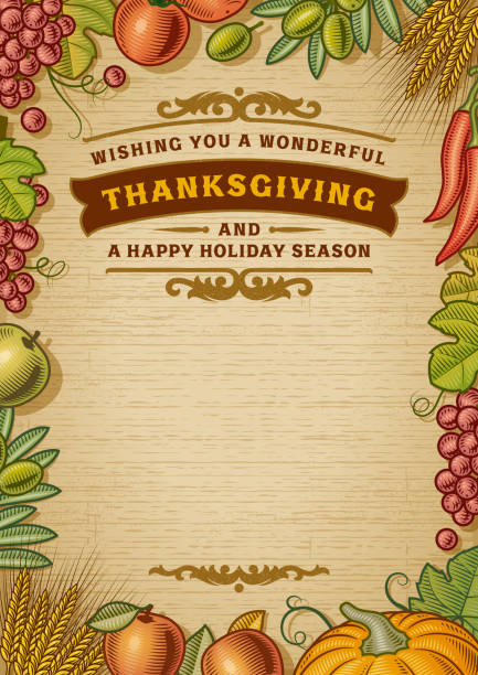 винтажная поздравительная открытка на день благодарения с местом для копирования - thanksgiving frame food crop stock illustrations