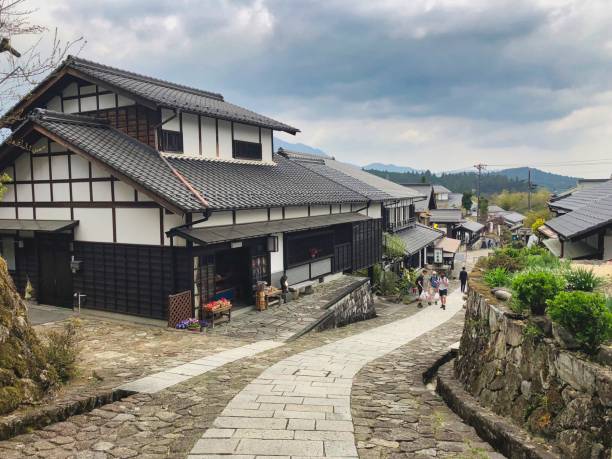 Traditional Japanese little town Magome Japan, Gifu Prefecture - April, 2019: Streets and traditional Japanese houses in the little town Magome on Nakasendo trail. gifu prefecture stock pictures, royalty-free photos & images