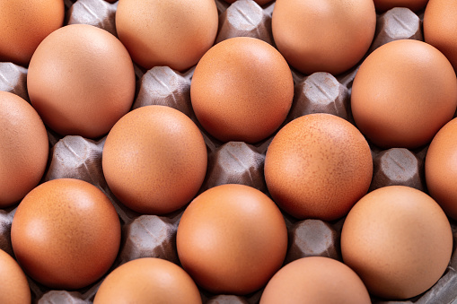 Fresh eggs in box, closeup on white background, nobody. Top View