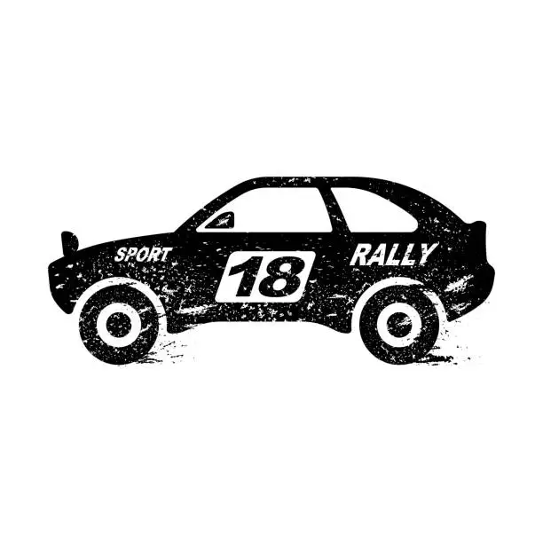 Vector illustration of Rally racing car icon. Sports transport. Black grunge silhouette. Side view. Vector simple flat graphic illustration. The isolated object on a white background. Isolate.