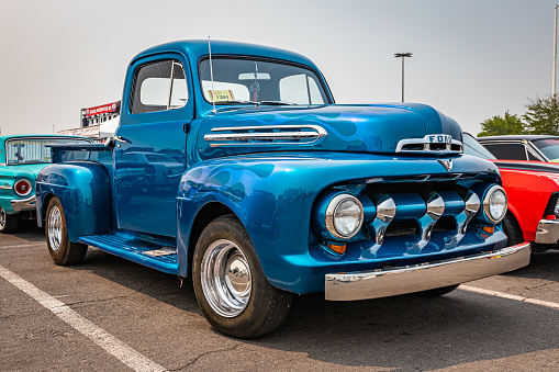 Reno, NV - August 6, 2021: 1951 Ford F1 pickup truck at a local car show.