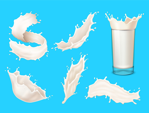 Glass of Milk and Splash. Different splashes of milk. Vector illustration.