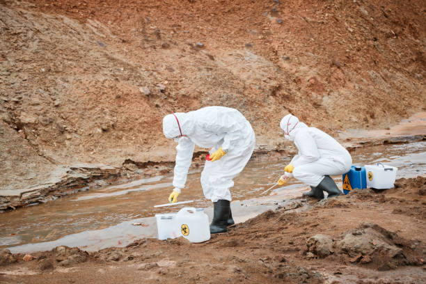 istock Two environmental scientists in protective workwear and masks taking samples of toxic water while examining it on polluted area 1353076284