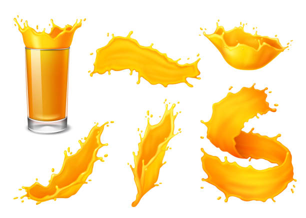 ilustrações de stock, clip art, desenhos animados e ícones de glass of juice and splashes - peach juice