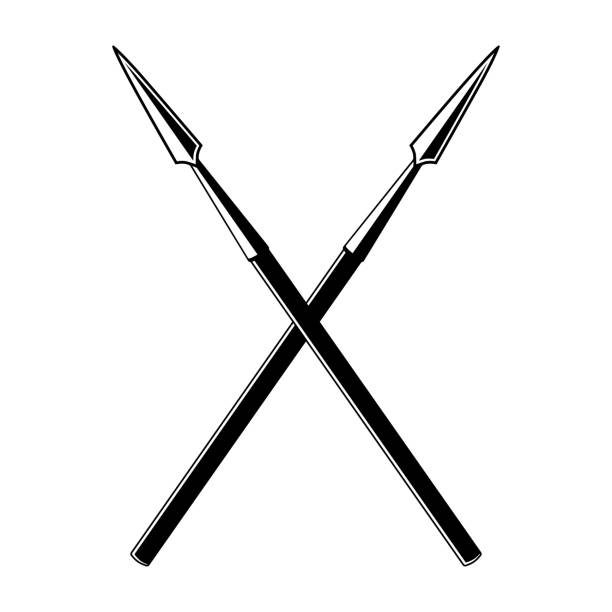 Crossed spears. Vector black outline icon illustration Crossed spears. Vector black outline icon illustration isolated on white background. spear stock illustrations