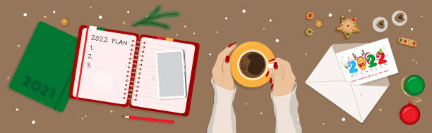 2022 Merry Christmas and Happy New Year banner girl holding coffee cup envelope fir tree branches 2022 resolutions vector banner. Female hands holding a coffee cup, woman thinking about new goals, plans for 2022. 2021 paper notebook, greeting card in envelope, Christmas tree branches, gingerbread christmas human hand christmas ornament decoration stock illustrations