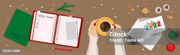 2022 Merry Christmas And Happy New Year Banner Girl Holding Coffee Cup Envelope Fir Tree Branches Stock Illustration - Download Image Now