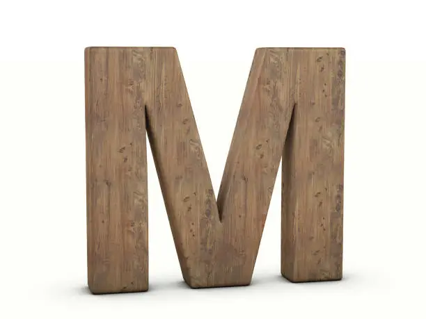Wood letter M on a white background. 3d illustration.