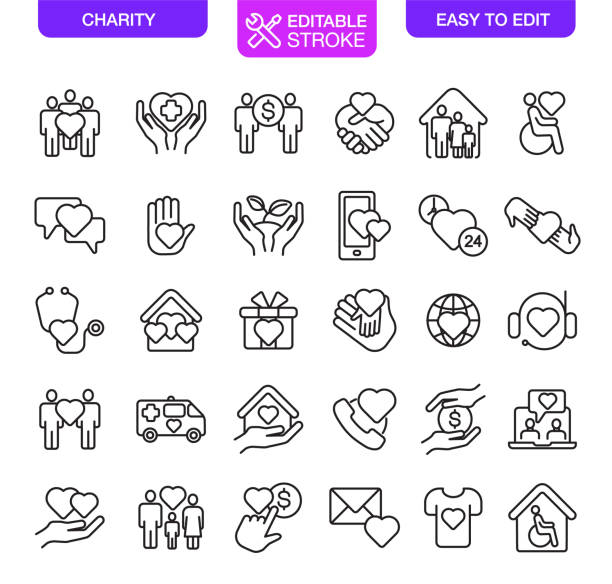 Charity icons set Editable stroke Charity icons set. Editable stroke. Vector illustration. This collection of beautiful, minimalist icons to use as a part of your charity work. These icons are designed to make donating easy and give a sense of accomplishment for those who support charities. Charity icons set, designed to be used for charity fundraising projects. kids tshirt stock illustrations
