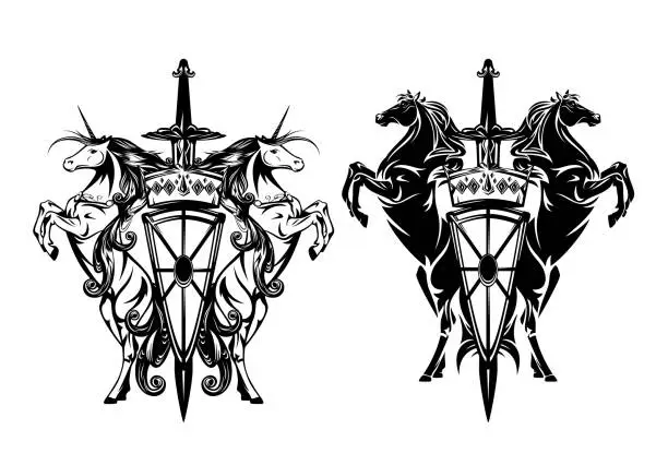 Vector illustration of black and white vector heraldry with shield, sword, crown and pair of rampant unicorn horses